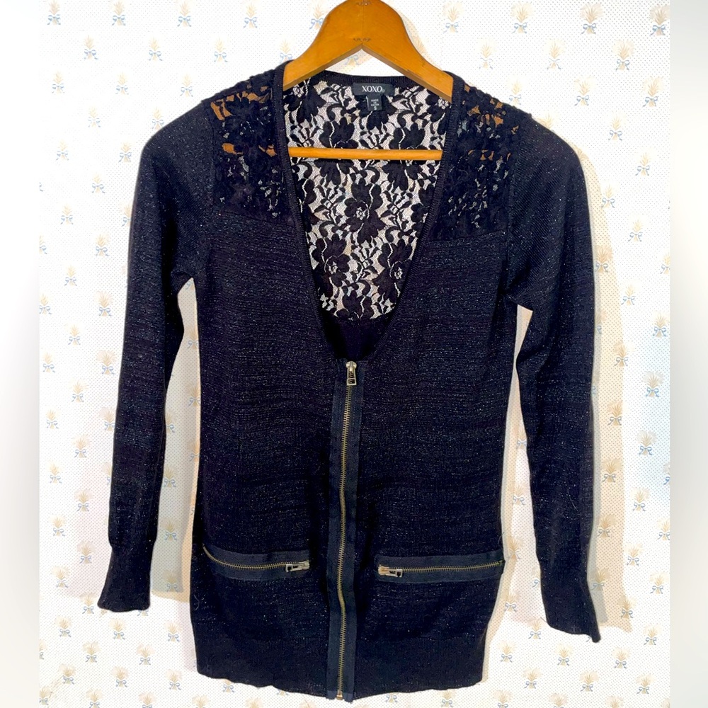 XOXO Black Sparkly Lace Zip Up Sweater‎